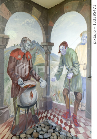 The scenes of pilgrims on their way to Santiago de Compostela, fresco by Sieger Koder on the wall of the pilgrimage house of St. James in Hohenberg, Germany 133395471