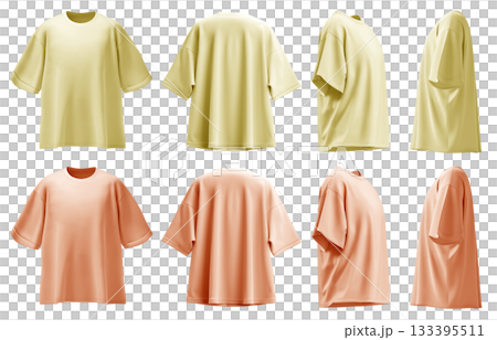2 Set of pastel yellow orange oversized loose Drop Shoulder tee t shirt round neck front, back and side view on transparent background cutout, PNG file. Mockup template for artwork 133395511