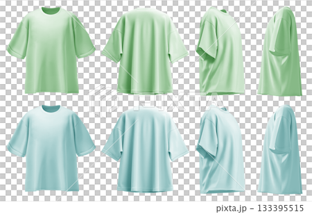 2 Set of pastel light green aqua blue oversized loose Drop Shoulder tee t shirt round neck front, back and side view on transparent background cutout, PNG file. Mockup template for artwork graphic 133395515