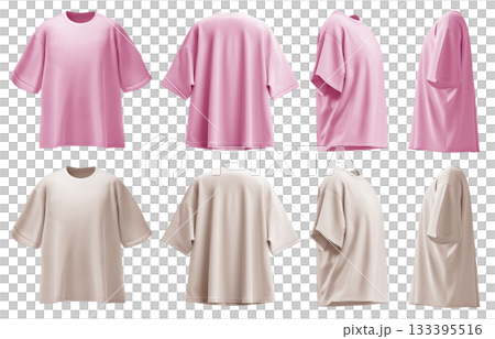 2 Set of pastel light pink beige oversized loose Drop Shoulder tee t shirt round neck front, back and side view on transparent background cutout, PNG file. Mockup template for artwork graphic 133395516