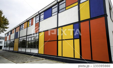 Colorful modern building exterior featuring geometric patterns in primary colors 133395660