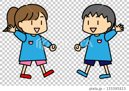 Cute characters of kindergarten boys and girls waving and saying hello 133395813
