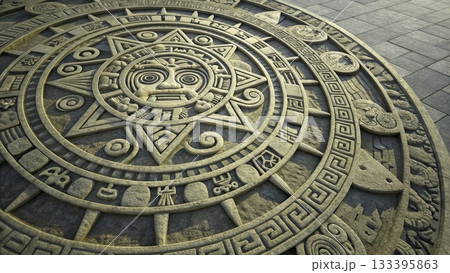 Intricate sun stone design on stone pavement depicting ancient symbols and carvings  133395863