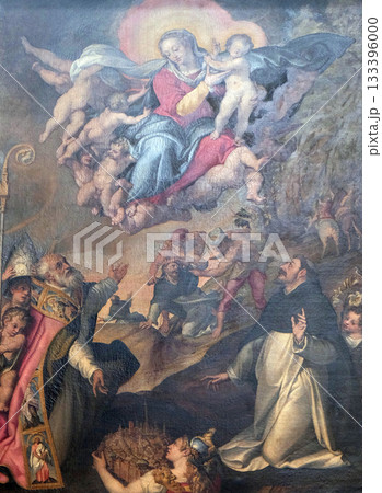 Virgin Mary with baby Jesus and saints, altarpiece in San Petronio Basilica in Bologna, Italy Virgin Mary with baby Jesus and saints, altarpiece in San Petronio Basilica in Bologna, Italy 133396000
