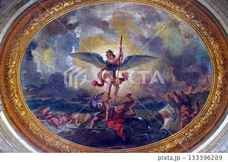 Saint Michael slaying the dragon by Eugene Delacroix, painting on the ceiling of the Saint Sulpice Church, Paris, France 133396289