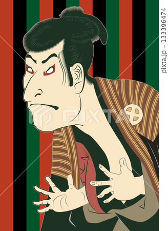 写楽　浮世絵アレンジ 大谷鬼次 奴江戸兵衛  歌舞伎 大首絵 歌舞伎定式幕背景イラスト 133396474