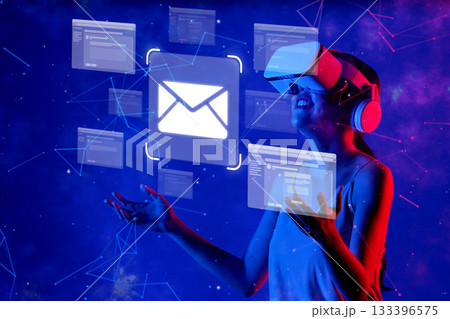 Digital Communication Concept in Virtual Reality with Email Interface Icons and User Interaction in a Cosmic Background XDMCP Digital Communication Concept in Virtual Reality with Email Interface Icons and User Interaction in a Cosmic Background XDMCP 133396575