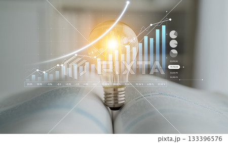 Concept of innovation in economy shown with light bulb, financial graphs, and data analysis on open book with soft focus background Scalp Concept of innovation in economy shown with light bulb, financial graphs, and data analysis on open book with soft focus background Scalp 133396576