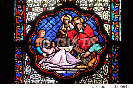 Recognition of the true Cross among the three discovered, stained glass window in the Basilica of Saint Clotilde in Paris 133396641