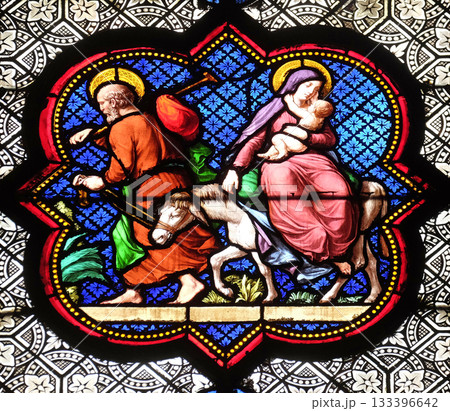 Flight to Egypt, stained glass window in the Basilica of Saint Clotilde in Paris, France 133396642