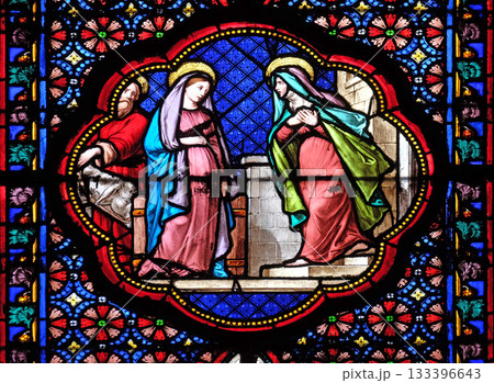 Visitation of the Virgin, stained glass window in the Basilica of Saint Clotilde in Paris, France Visitation of the Virgin, stained glass window in the Basilica of Saint Clotilde in Paris, France 133396643