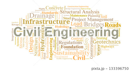 Civil Engineering Word Cloud. Key concepts highlighting structural design, infrastructure development, water systems, materials, and essential engineering principles for public works projects. Civil Engineering Word Cloud. Key concepts highlighting structural design, infrastructure development, water systems, materials, and essential engineering principles for public works projects. 133396750