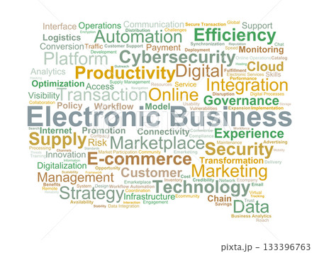 Electronic Business Word Cloud. Core terms describing digital operations, online services, data integration, and technology-driven processes in modern electronic business environments. 133396763