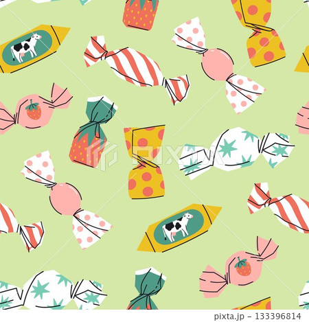 Seamless pattern with various candies on a green background. Vector graphics. 133396814