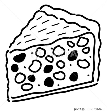 Festive fruitcake slice illustration with detailed candied fruits warm holiday dessert line art perfect for Christmas recipes menus cards packaging and decor 133396826
