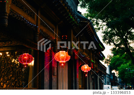 Chinese lanterns at a restaurant in the evening in Beijing 133396853