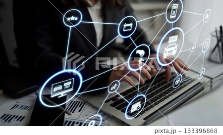 Online car rental service with digital booking and vehicle sharing icons Funnel Online car rental service with digital booking and vehicle sharing icons Funnel 133396868