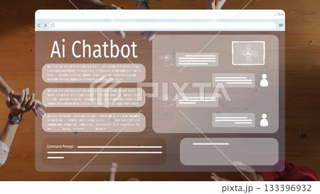 Interactive AI Chatbot Interface Displaying Conversations on a Desktop with Hands Engaging in Brainstorming Activities and Ideas in a Team Environment. Raster Interactive AI Chatbot Interface Displaying Conversations on a Desktop with Hands Engaging in Brainstorming Activities and Ideas in a Team Environment. Raster 133396932