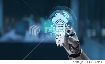 Futuristic robotic hand holding digital cloud with data storage icons, symbolizing technology, innovation, and modern computing in a tech environment Synapse Futuristic robotic hand holding digital cloud with data storage icons, symbolizing technology, innovation, and modern computing in a tech environment Synapse 133396941
