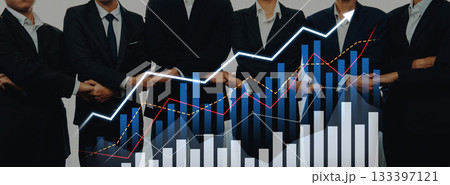 Business professionals in suits analyze market trends with graphs and charts, demonstrating collaboration and financial growth in modern workplace setting Scalp Business professionals in suits analyze market trends with graphs and charts, demonstrating collaboration and financial growth in modern workplace setting Scalp 133397121
