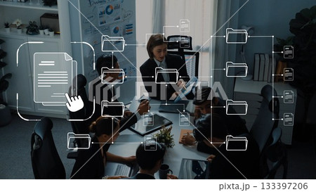 Business team collaborating in a modern office environment with digital workflow overlay showcasing document management and information sharing process. Raster Business team collaborating in a modern office environment with digital workflow overlay showcasing document management and information sharing process. Raster 133397206