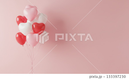 赤・白・ピンクのハート型バルーンとピンクの壁 133397230