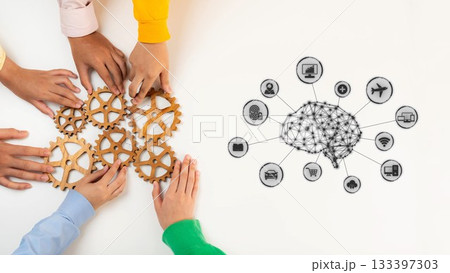 Diverse Hands Collaborate with Gears to Symbolize Teamwork and Innovation in the Age of Technology and Connectivity. Raster Diverse Hands Collaborate with Gears to Symbolize Teamwork and Innovation in the Age of Technology and Connectivity. Raster 133397303