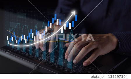 Hands typing on laptop keyboard with growth graph overlay, representing finance, investment, technology, and data analysis in modern business environment Copula 133397394