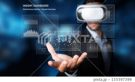 Business professional wearing virtual reality headset interacting with data visualization graphics and performance metrics on an insight dashboard in a futuristic setting. Raster Business professional wearing virtual reality headset interacting with data visualization graphics and performance metrics on an insight dashboard in a futuristic setting. Raster 133397399