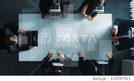 Group of Business Professionals Collaborating on Artificial Intelligence Concepts with Virtual Reality Headsets in a Modern Conference Room Setting. Raster 133397421