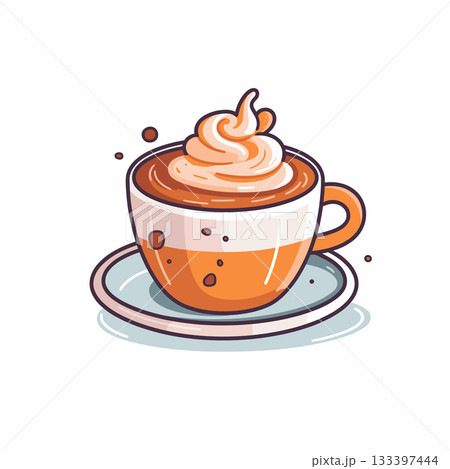 Delicious hot beverage with whipped cream in a stylish cup sitting on a plate 133397444