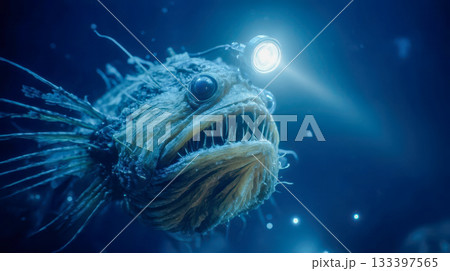 Bioluminescent anglerfish with glowing lure in deep sea, close-up of predatory deep sea creature 133397565