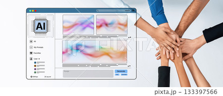 Collaborative Hands Reaching towards Artificial Intelligence Interface with Colorful Waves in Background and Modern Design Elements Trope 133397566