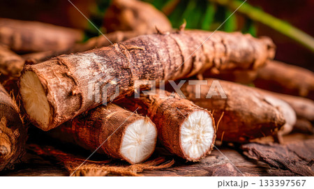 Freshly picked cassava roots on a rustic wooden surface, close-up of tropical tubers harvest 133397567