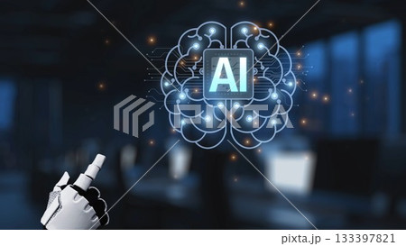 High-Tech Futuristic AI Brain Concept with Robotic Hand Interacting in an Office Environment Symbolizing Innovation and Technology Advancement Synapse High-Tech Futuristic AI Brain Concept with Robotic Hand Interacting in an Office Environment Symbolizing Innovation and Technology Advancement Synapse 133397821