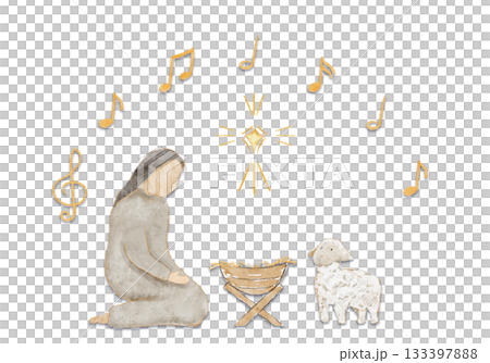 Kneeling Mary beside a manger, lamb, glowing star and notes above. Hand-painted watercolor nativity illustration isolated on white, scene ideal for Christmas cards, devotionals, and holiday designs 133397888
