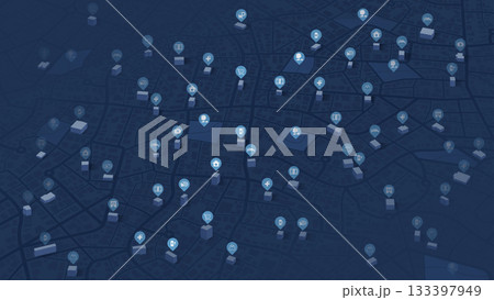 City map featuring various types of infrastructure. Navigation plan to nearby restaurants, convenience stores, shop. Vector illustration highlight essential locations 133397949