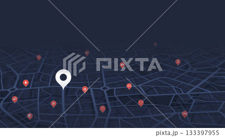 Locator position point. GPS tracking system to navigate around the city landmarks. Detailed city street map with directions to different locations. Vector illustration 133397955