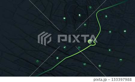Abstract isometric navigation plan highlights POI including city streets, blocks. City map featuring directional signs, an intended goal point and multiple markers. Vector illustration 133397988