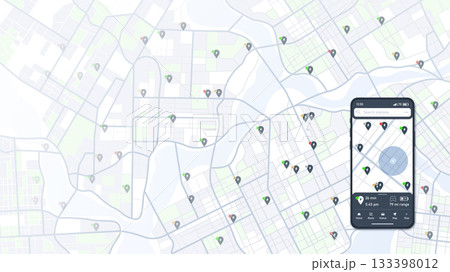 Smartphone displays city map with nearby charging stations, showcasing mobile app designed for flexible online charging solutions. App allows to choose optimal routes for driving. Vector illustration 133398012