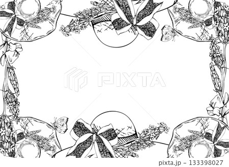 Lavender lavandula sprigs, straw sunhat with wide brim ribbon bow, butterflies bumblebees. Isolated border frame illustration hand drawn in vector ink. Cottage art, eco tag, Provence Valentine gifts 133398027