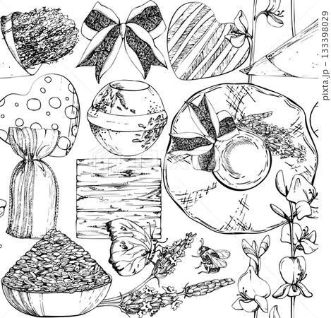 Straw sunhat, lavender flowers seeds bouquet, rustic striped and dotted heart shapes, fabric pieces in patchwork style seamless pattern. Hand drawn in vector ink, isolated. Floral farm label, spa gift 133398029