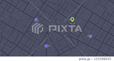 Pinpoint marker icon with search paths and POI. Road network line scheme. City streets on a top view map. Urban environment backdrop. Vector illustration. 133398035