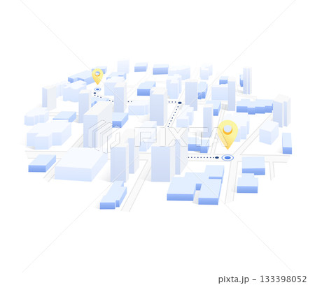 Isometric navigation on city concept. Geolocation yellow pin on street. City map with route. Tourism and travel. Vector illustration isolated on white background 133398052