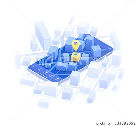 Mobile GPS navigation, smart car location and map pointer. Isometric city map featuring directional signs, an intended goal point on mobile. Vector illustration 133398058