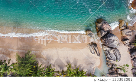 Aerial view Koh Samui, tropical coral reef, blue green water, white sand beach, drone photography Aerial view Koh Samui, tropical coral reef, blue green water, white sand beach, drone photography 133398095