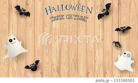 Halloween Trick or Treat calligraphy on cut timber panels background with 3D cute ghost, bats, and spider graphic illustration have blank space. Halloween Trick or Treat calligraphy on cut timber panels background with 3D cute ghost, bats, and spider graphic illustration have blank space. 133398301