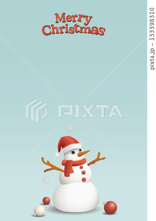 Merry Christmas calligraphy with 3D cute snowman wearing Santa hat and decorated ball on light blue vertical background graphic illustration have blank space. Merry Christmas calligraphy with 3D cute snowman wearing Santa hat and decorated ball on light blue vertical background graphic illustration have blank space. 133398310