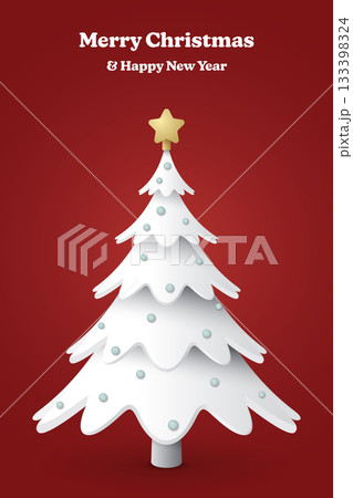 Merry Christmas and Happy New Year calligraphy with 3D decorated white Christmas tree on red vertical background graphic illustration. Merry Christmas and Happy New Year calligraphy with 3D decorated white Christmas tree on red vertical background graphic illustration. 133398324