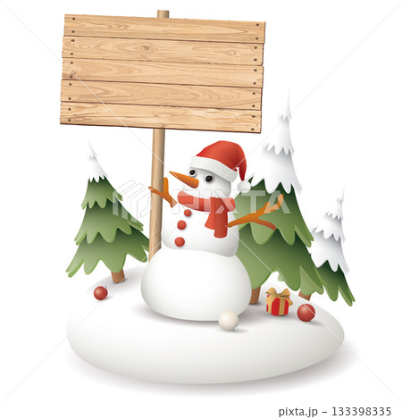 3D cute snowman holding blank whitewashed wooden signboard post on snowdrift with pine trees and Christmas elements around isolated graphic illustration. 133398335